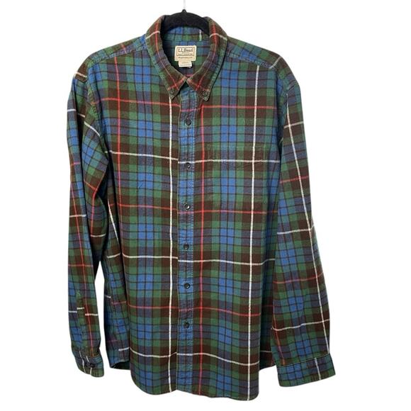 L L Bean Men’s Flannel Button Down Work Shirt, Red/Blue/Green Scotch Plaid, L - Picture 2 of 7